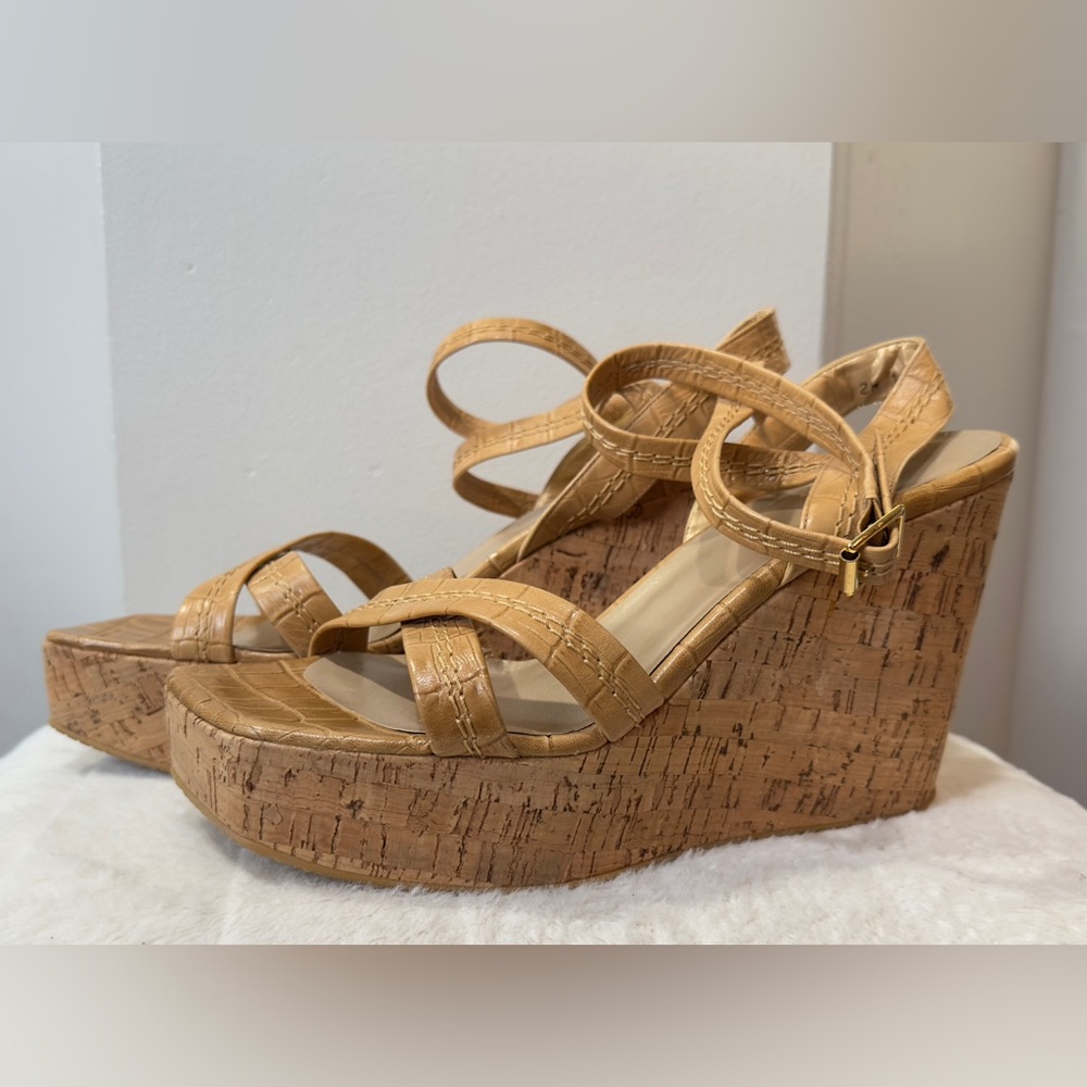 Stuart Weitzman platform “Explore” Tan Wedge Platform Sandals w/Cork Heel Sz10.5
